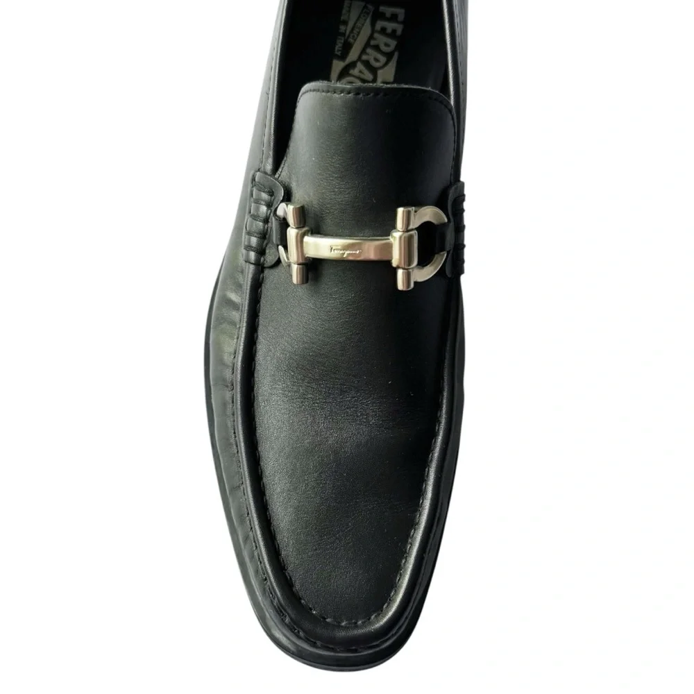 Ferragamo Black Leather Horsebit Loafers | 8